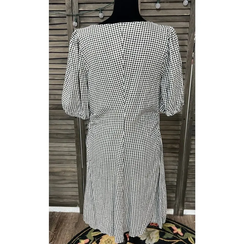 A New Day Black White Gingham Linen Blend Puff Sleeve Tiered Dress 10 NWT - Picture 3 of 9